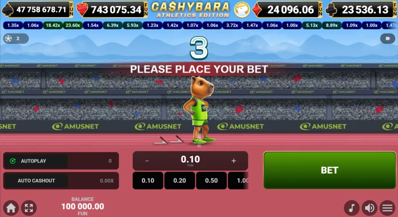 Cashybara Athletics Edition - schermata principale della corsa con il contatore del moltiplicatore